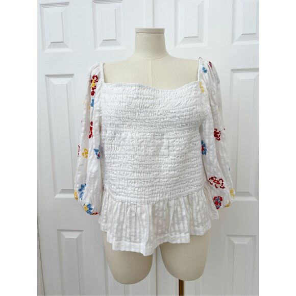 Tanya Taylor Tops - Tanya Taylor Womens White Floral Embroidered Smocked Emma Top‎ Size 3X